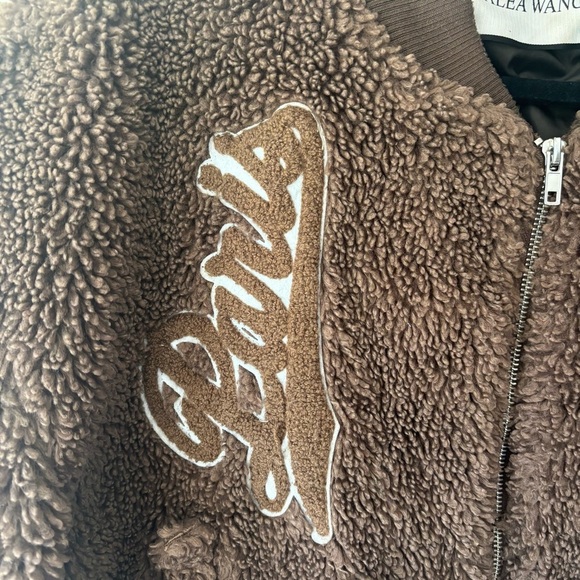 Azalea Wang Ruela Brown Teddy Varsity Bomber Jacket Fleece Sherpa Cropped - Picture 5 of 14